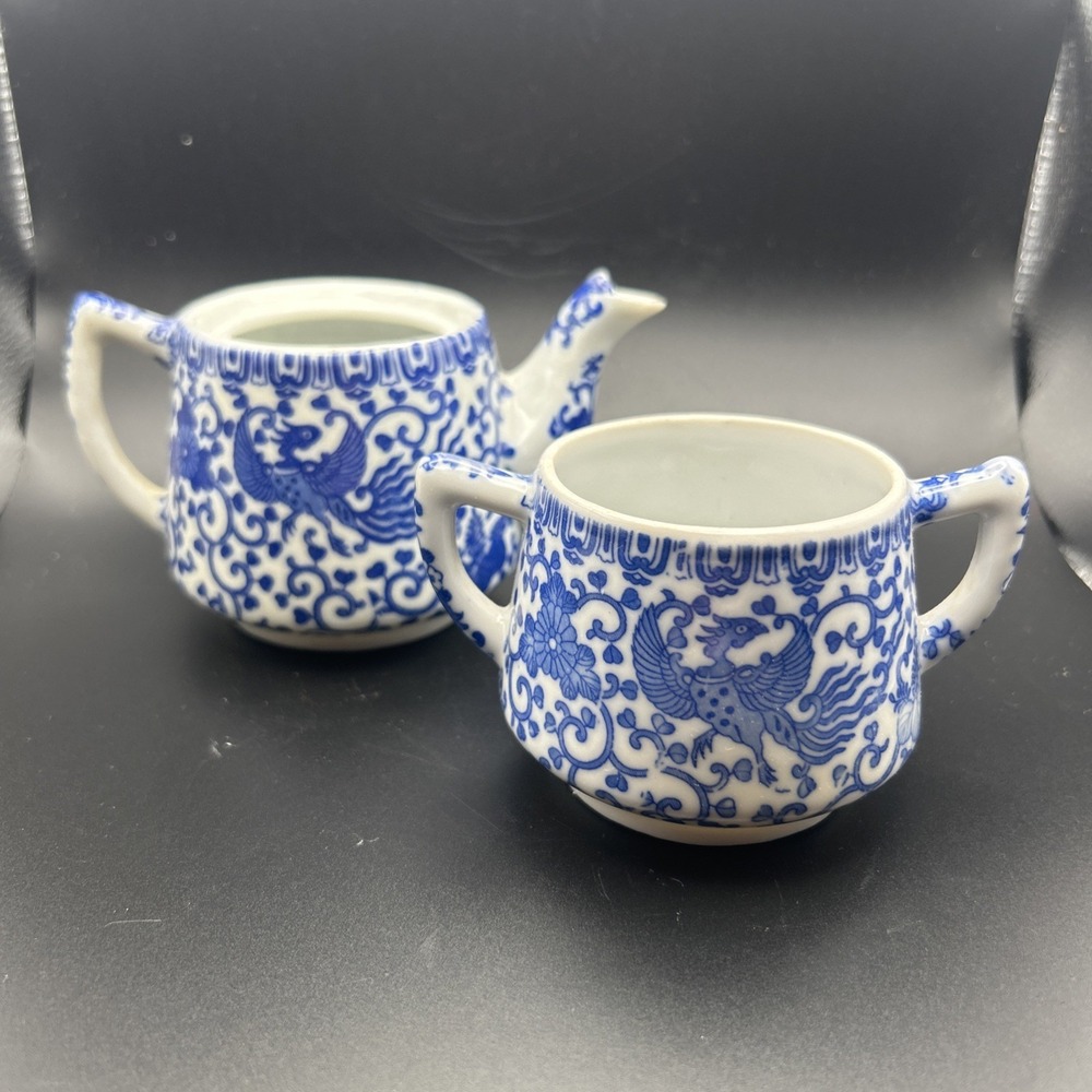 VTG Morimura Brothers Blue Phoenix Tea Pot and Sugar Set Blue White Floral JAPAN